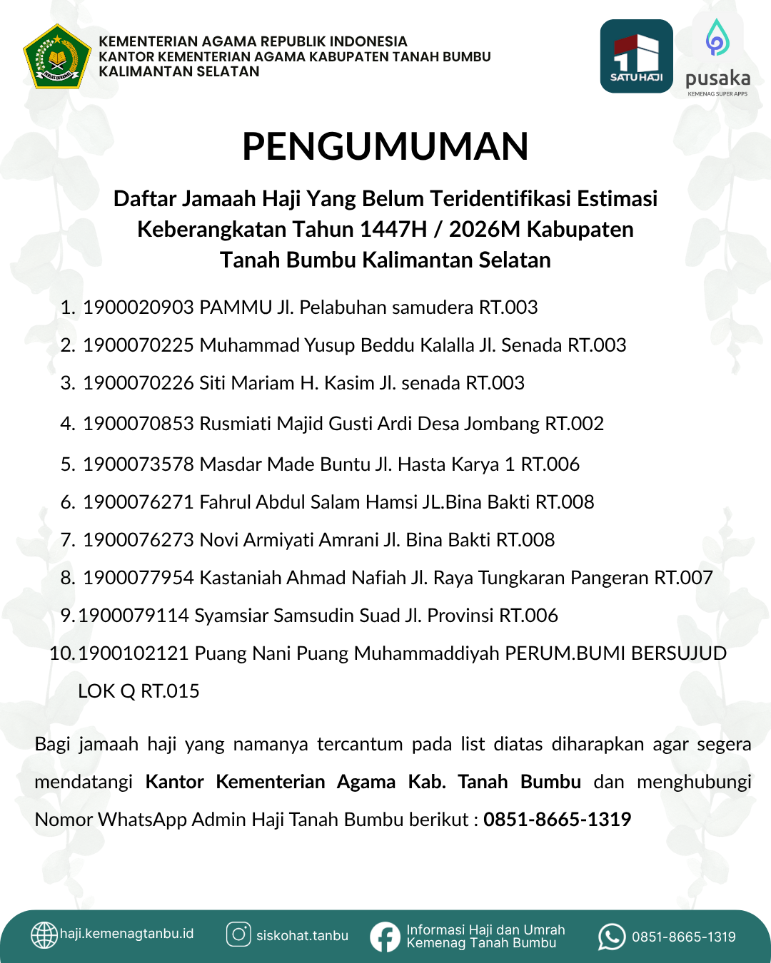 Pengumuman - Daftar Jamaah Haji Yang Belum Teridentifikasi Estimasi Keberangkatan Tahun 1447H / 2026M Kabupaten Tanah Bumbu Kalimantan Selatan